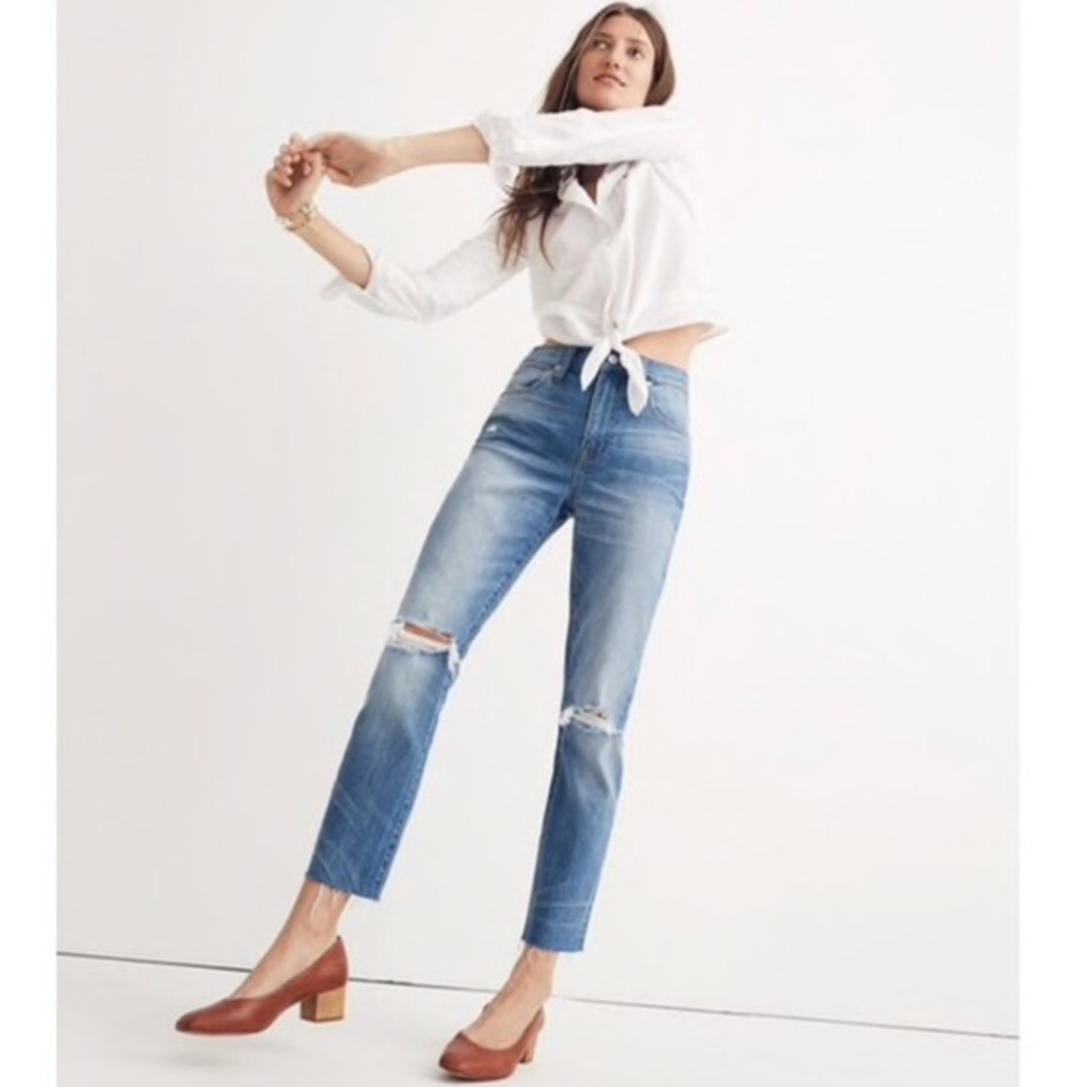 Madewell high rise slim boy jean crop knee rip